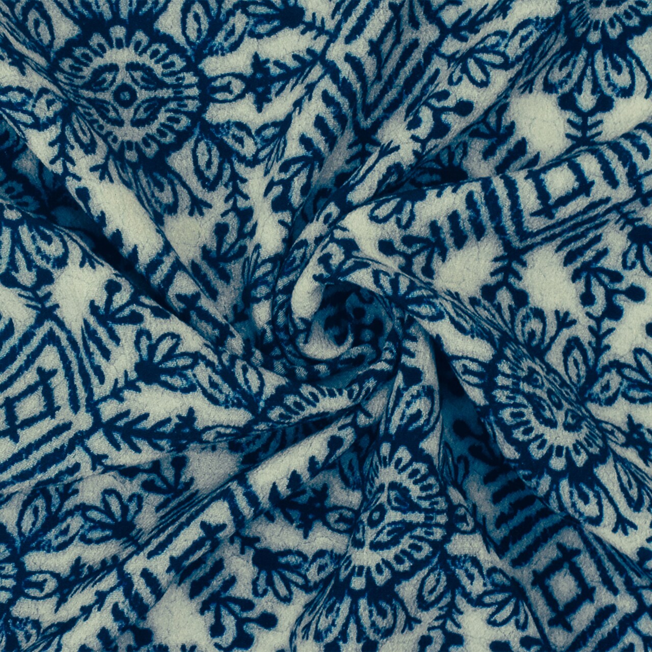 Blue-Gray Famous Designer Viscose Stamped Batik Printed Crepe Faille Fabric By the Yard